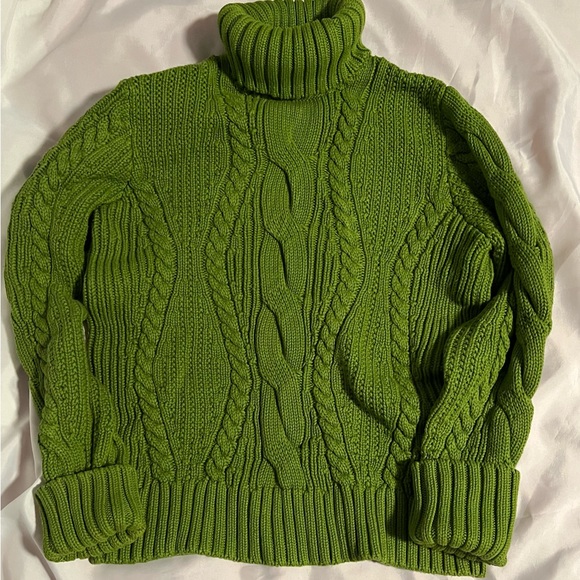 Turtle neck, thicker cable knit sweaters.  Green and purple.  Lands End, size L. - Picture 3 of 5